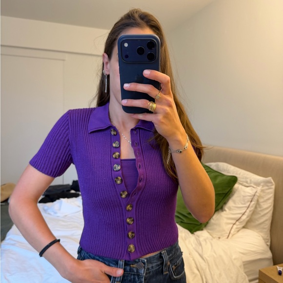 Purple Button-Up Ribbed Top - Picture 1 of 6
